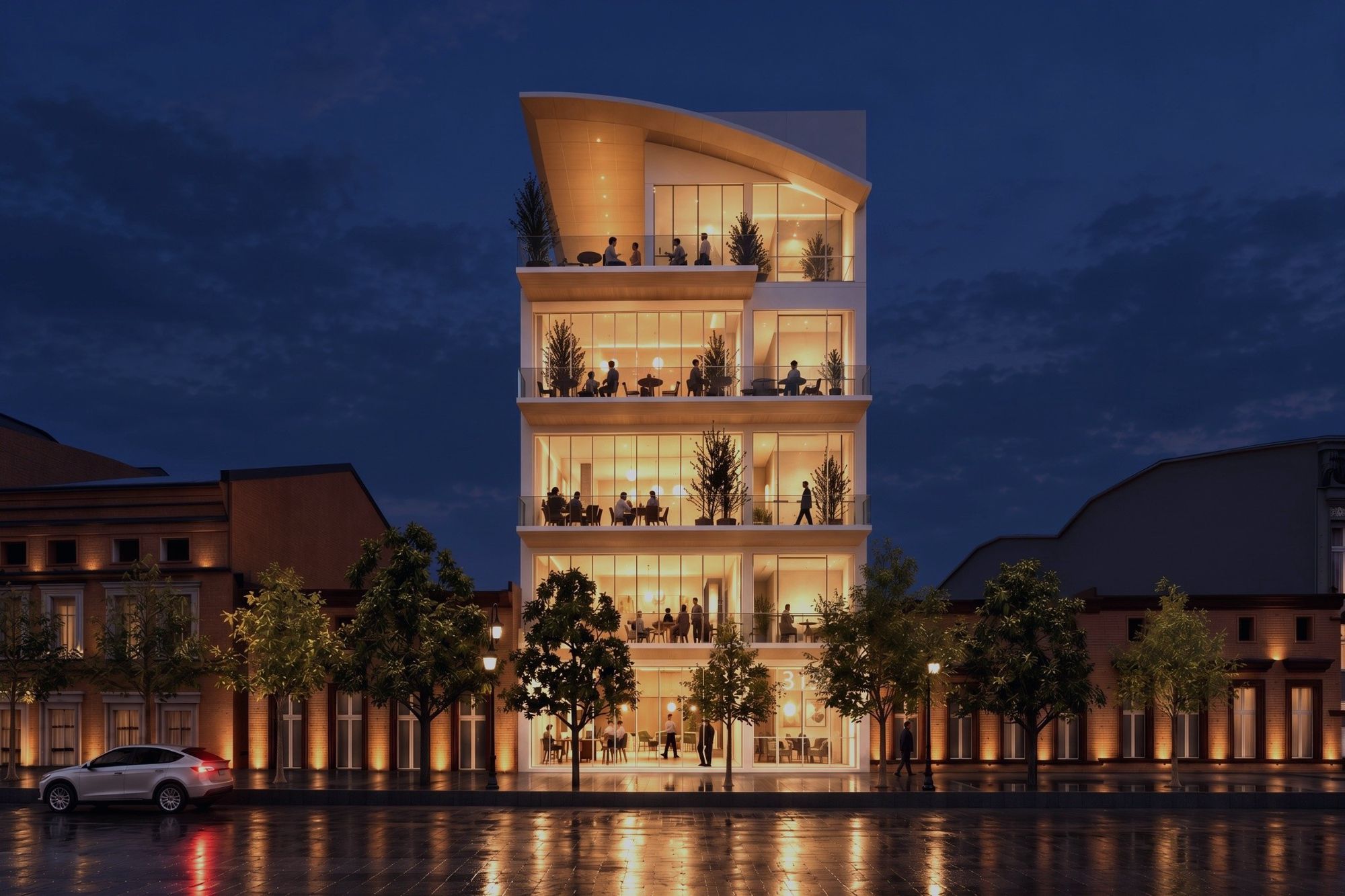 Rendering of 321 Main, a four-level glass building with terraces on Main Street at dusk