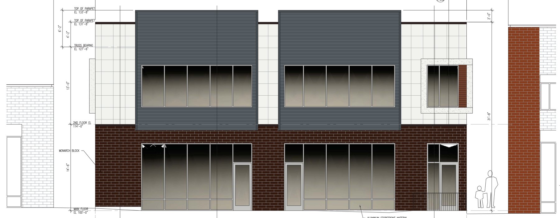 Architect's east elevation of the new two-story Marmalade building with brick base, dark metal upper bays and storefront glazing
